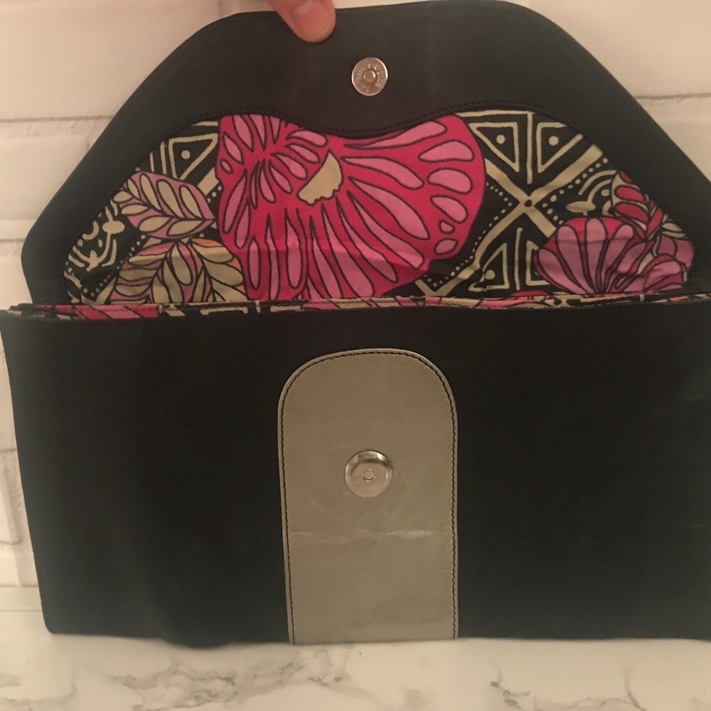 NEW - Black Leather Clutch > Silver and Floral
